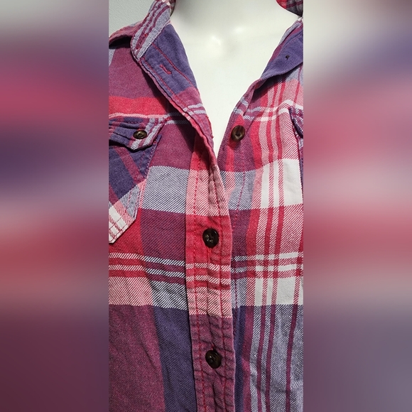 American Eagle Womens Favorite Fit Pink Purple Flannel Plaid Button Up Small S - Picture 4 of 12